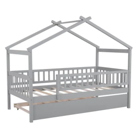 Twin Size Wooden House Bed With Twin Size Trundle