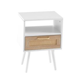 15.75 Rattan End Table W  Drawer  Solid Wood Legs, Modern Nightstand