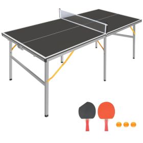 6ft Black Mid-Size Table Tennis Table Foldable & Portable Ping Pong Table Set For Indoor & Outdoor Games With Net, 2 Table Tennis Paddles And 3 B