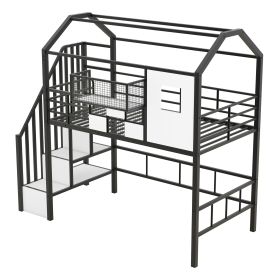 Metal Loft Bed With Roof Design And A Storage Box, Twin, Black