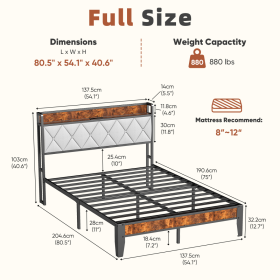 Soft-padded Headboard With Storage, Charging Port, Iron Frame Bed (Option: Full)