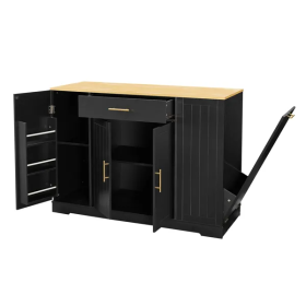 53 Inch Large Kitchen Island With Trash Can Storage Cabinet, Islands Table With Drawer And Adjustable Shelves, Breakfast Bar Cabinet For 13 Gallo (Color: Black)