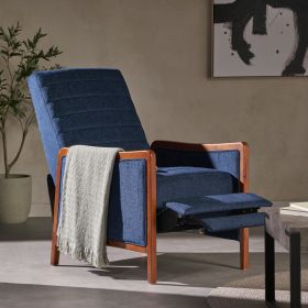 Mid Century Modern Fabric Channel   Wood Pushback Recliner (Color: Navy Blue)