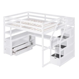 Full Size Loft Bed with Desk and Shelves, Two Built-in Drawers, Storage Staircase, White (Color: White)
