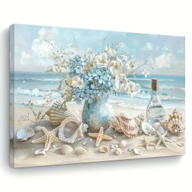 1 Piece Framed Wooden Canvas Painting, One Piece Blue Vase Floral Canvas Print, Wooden Frame Wall Art, Shell And Ocean Theme, Home And Office Dec (Option: 24x16inch)