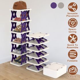 6 Tier Foldable Shoe Rack Vertical Shoe Organizer Narrow Shoe Rack For Small Spaces Space Saving Free Standing For Corner Entryway Hallway Bedroo (Color: Purple)