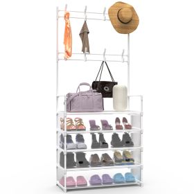1Pc 5Tier Dustproof Entryway Hall Tree Coat Rack Shoe Rack With 8 Removable Hooks Freestanding Shoe Storage Shelf Hat Clothes Organizer For Front (Color: White)