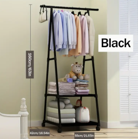 Multi-functional Metal Clothes Rack With Triangular Wheeled Base, Mobile Multi-layer Storage And Organizing Rack, Suitable For Home, Kitchen, War (Color: Black)