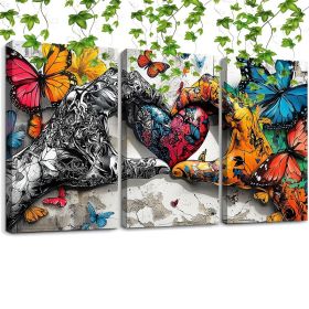 Framed 3pcs Graffiti Holding Hands Love Heart Canvas Wall Art Fashion Love Poster Painting Prints For Home Dining Room Living Room Wall Decor Art (Option: 12x18inch)