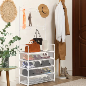 5-Tier Coat Rack Dustproof Entryway Hall Tree Clothing Shelf Shoe Rack With 8 Removable Hooks Freestanding Hat Clothes Organizer For Front Door B (Color: White)