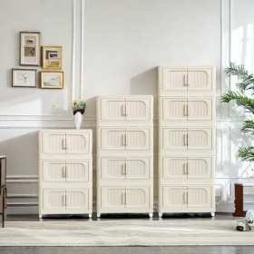 Cream White 19.69 Side Wide Folding Storage Cabinet ,3 Tiers,19.69x11.81x31.1,Collapsible Storage Bins With Magnetic Door, Plastic Storage Cabine (Option: Cream White)