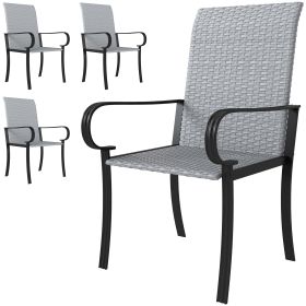 Set Of 4 Outdoor Wicker Dining Chairs With Armrest, Steel Frame, High Back And Deep Seating, Gray (Option: Gray)