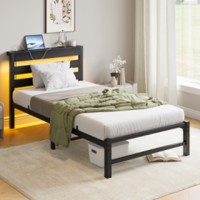 Twin Size Bed Frame Heavy Duty Platform Bed Frame With Headboard, USB Charging Station, LED Bed, No Box Spring Needed, Mattress Foundation, Stron (Color: Black)