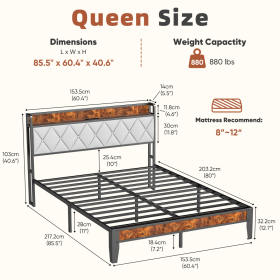Soft-padded Headboard With Storage, Charging Port, Iron Frame Bed (Option: QUEEN)