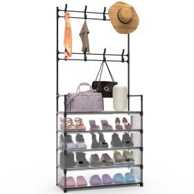 1Pc 5Tier Dustproof Entryway Hall Tree Coat Rack Shoe Rack With 8 Removable Hooks Freestanding Shoe Storage Shelf Hat Clothes Organizer For Front (Color: Black)